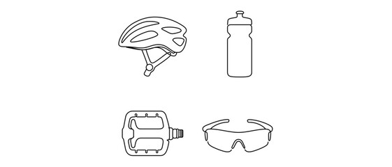 Naklejka premium Vector icon set featuring 4 minimalist line art designs of cycling gear: a bicycle helmet, water bottle, bike pedal, and sports sunglasses. Ideal for fitness, sports, and outdoor activity apps.