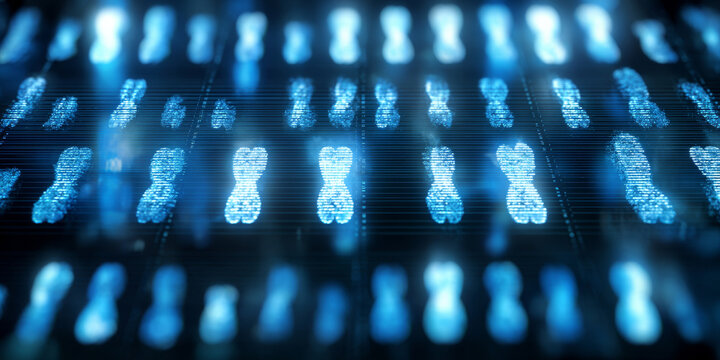 Detailed view of large digital display showing human chromosome karyotype pairs arranged in rows for genetic analysis, medium close-up biotechnology environment, cool blue laboratory lighting, modern