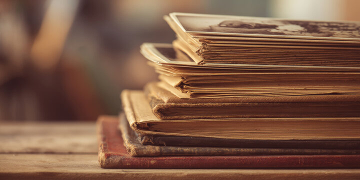 Stack of old family albums and photographs on wooden shelf, close-up nostalgic heritage concept, soft warm indoor lighting, shallow depth of field