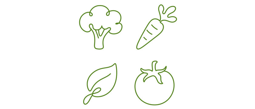 Vector icon set collection of 4 minimalist green line art icons for vegan diet and nutrition featuring broccoli, carrot, leaf, and tomato for healthy lifestyle, organic food, and dietary planning.
