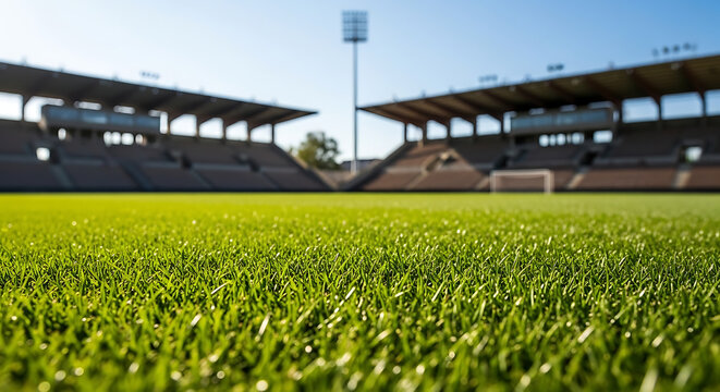 Low angle view of empty professional football stadium turf with football professional stadiums bleachers competition athletic grassland recreation