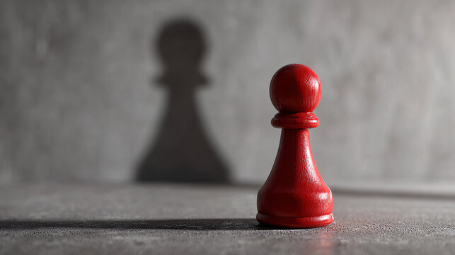 Red chess pawn casting large queen shadow on grey background Strategic business concept of ambition, potential, leadership, growth, and transformation Symbolic metaphor for success and vision
