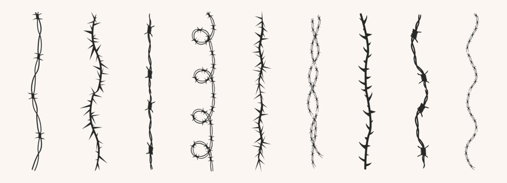 Barbed wire silhouette border, fence. Spiked wire with sharp barbs along its perimeter. Twisted ring y2k, round border tattoo, gothic textured steel frame,