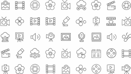 Fototapeta premium Set of handdrawn multimedia and video production icons, including camera, film strip, microphone, and media player symbols