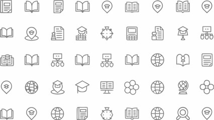 Fototapeta premium Set of education icons, including books, graduation caps, globes, and academic symbols, thin line style vector illustration