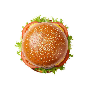 Fresh cheeseburger top view isolated on transparent background with sesame bun lettuce and tomato