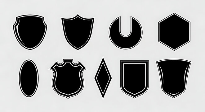 Collection of various black shield and badge emblem shapes with template protection security heraldry silhouette