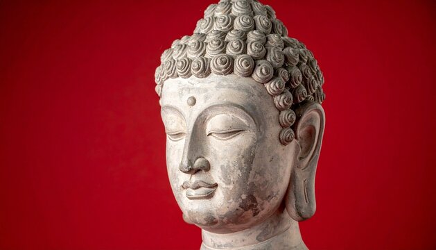 Serene Buddha Head Sculpture Against a Vibrant Red Background