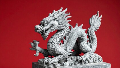 Fototapeta premium Intricate Stone Dragon Sculpture Against a Solid Red Background