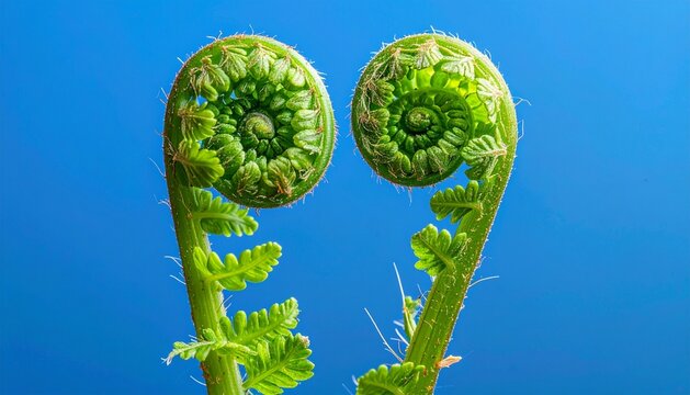 Macro Close-Up of Two Emerging Green Fern Fiddleheads Against a Solid Blue Background