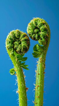 Two Young Ostrich Fern Fiddleheads Uncurling Against a Clear Blue Background