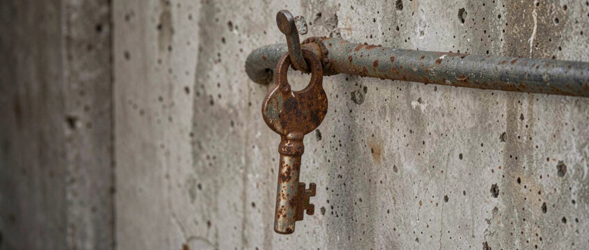A rusty key stuck to a wall, possibly an old lock or hidden passage