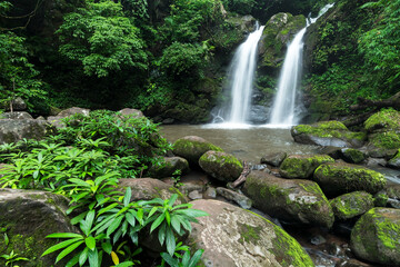 Obraz premium Beautiful deep forest waterfall at Thailand. Nature background.