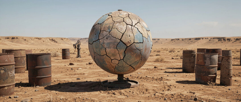 A single cracked egg sits in the middle of a vast desert landscape, surrounded by sand and nothing else