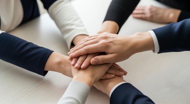 Group of Diverse Business People Putting Hands Together in Teamwork Celebration.