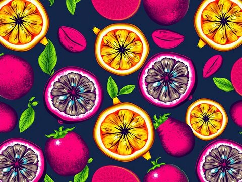 Vibrant passion fruit seamless pattern with stylized texture, illustration, web