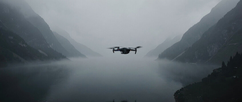 A small plane soars above the calm waters of a lake, with a clear blue sky in the background