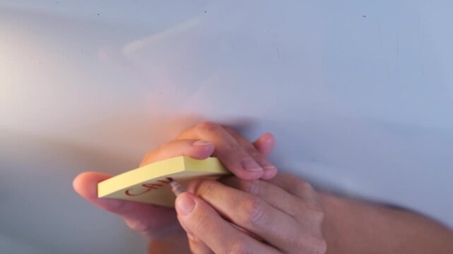 Sticky notes with handwritten reminders on wall in close-up view, showing tasks and schedule notes, organizing daily planning, time management and productivity concept in office or home