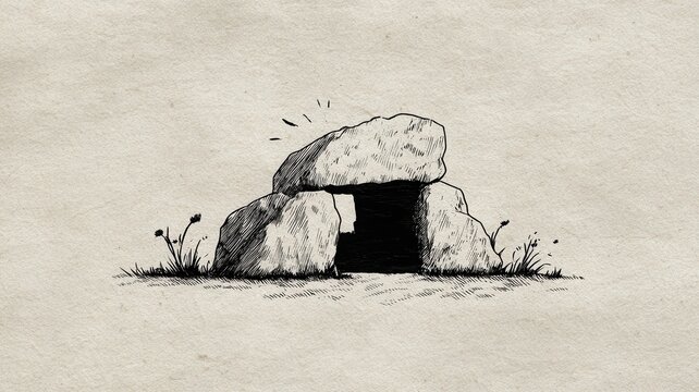 Ancient dolmen gate stone structure illustration with light opening, concept of passage, breakthrough entry, portal