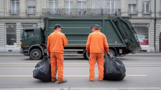 Waste collectors wearing orange uniforms carrying large trash bags on city truck with garbage street
