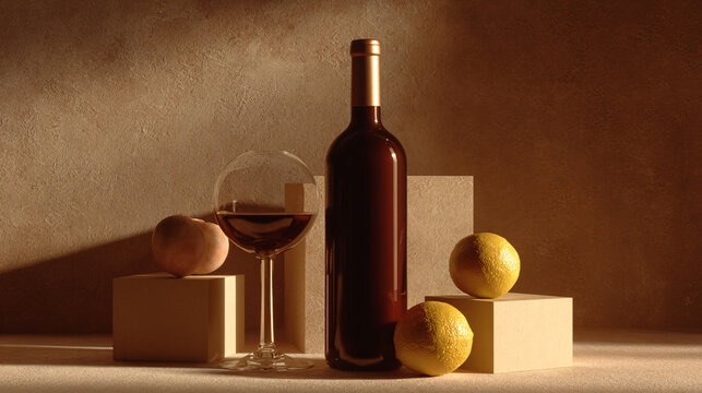 Red wine bottle and glass with fresh lemons on geometric pedestals, arranged in a minimalist still life composition Concept of luxury dining, culinary art, elegant lifestyle, and sophisticated interio