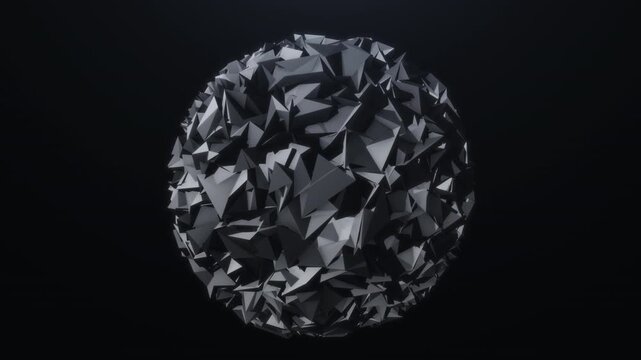 Black lowpoly geometric sphere with sharp crystal facets, abstract dark 3D orb, futuristic polygon structure and cinematic 4K loop render.