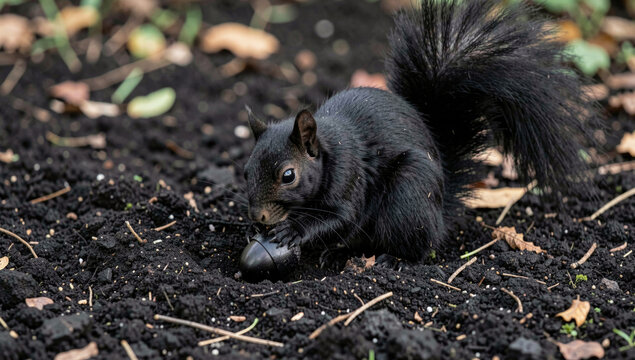 A black squirrel sits atop a pile of dirt, looking around