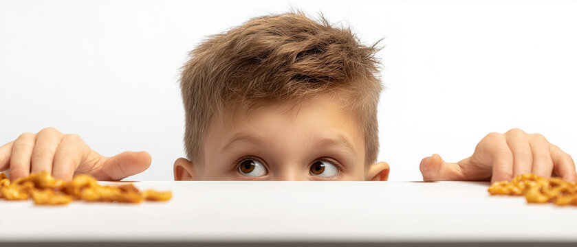 Young boy peeking over table excitedly with snacks on sides  