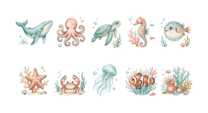Watercolor Semi-Realistic Under the Sea Nursery Clipart Set &ndash; Baby Whale Octopus Sea Turtle Seahorse Pufferfish Starfish Crab Jellyfish Clownfish Coral Reef Illustration Bundle, Soft Ocean Nursery 