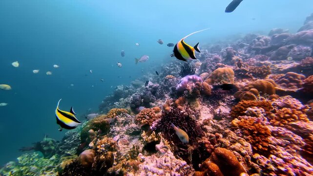 Lush coral garden featuring yellow plate and brain corals in shallow turquoise water, partially framed by a glass-bottom boat hull. Vivid reef ecosystem in tropical Indonesia. Indonesia, Taman Laut.