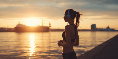 Fototapeta premium Young woman listening to music by the waterfront at sunset 