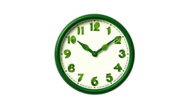 A green and white clock mounted on a plain white wall