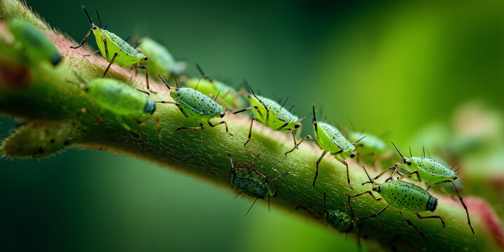 Green aphids clustering on a plant stem in a natural environment  