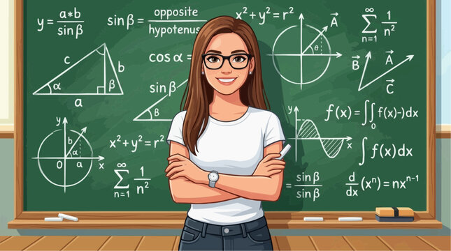 Confident young female student in front of a green chalkboard with math formulas - education and STEM concept.