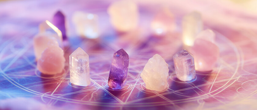 Colorful crystals arranged in a circle on a mystical background  