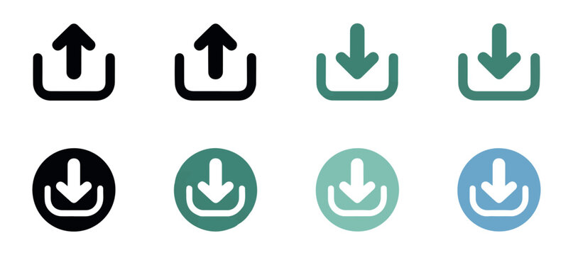 Modern upload and download icons in various colors and styles for mobile app development and web platforms.