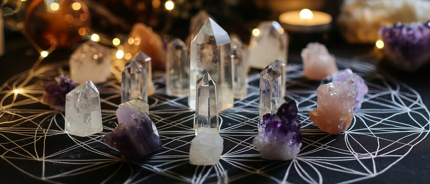 Crystal gemstones arranged on geometric pattern with candlelight  