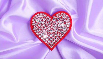 Fototapeta premium Decorative red heart with sparkling crystals on a satin fabric background