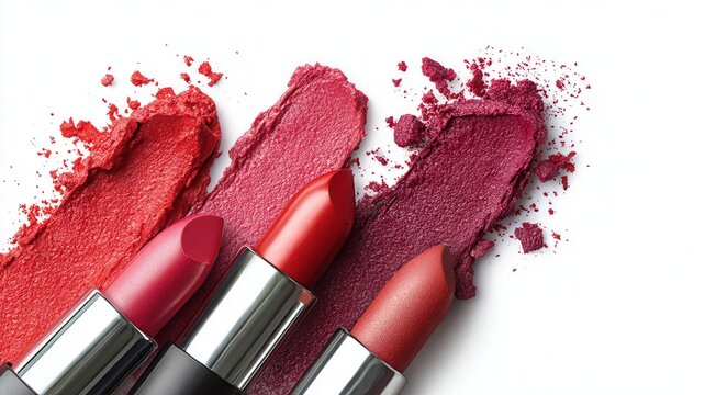 Lipsticks displaying color swatches and cosmetic texture, showcasing makeup variations and beauty products