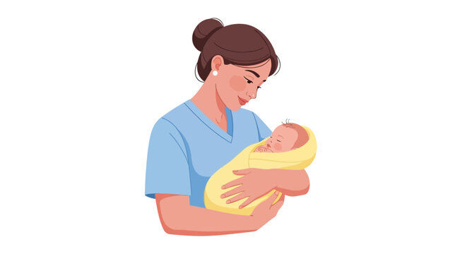 Celebrating International Midwives' Day with a vector illustration featuring a caring midwife character gently holding a newborn baby wrapped in yellow, set against a clean white