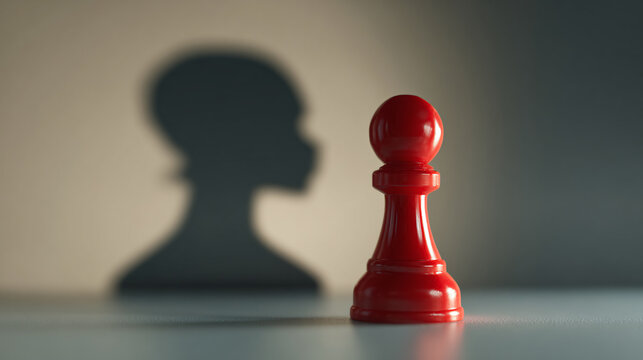 Red chess pawn casting human shadow on wall, representing individual potential and identity Conceptual metaphor for leadership, personal growth, selfreflection, uniqueness, and hidden inner strength