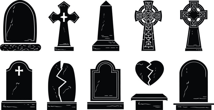 Halloween cemetery tombstone gravestone headstone silhouette icon set vector