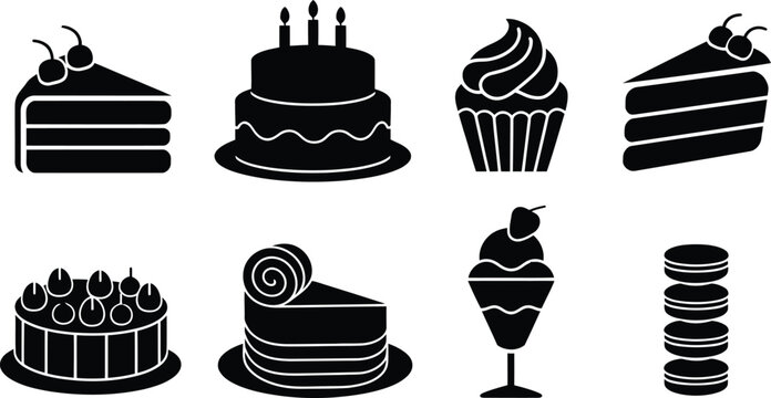 Assorted sweet dessert cake cupcake and ice cream silhouette icon collection vector
