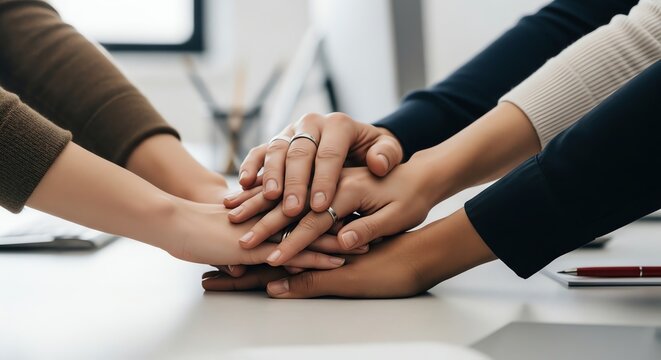Teamwork and Collaboration: Diverse Hands United in a Business Meeting.