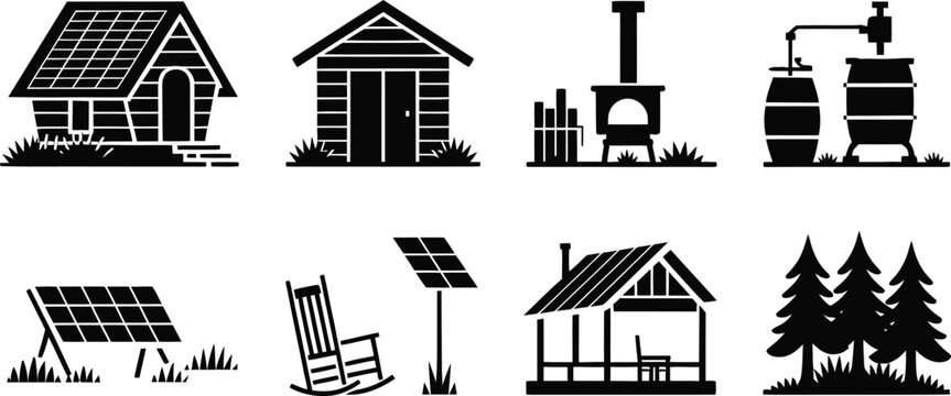 Off Grid Cabin Living and Homesteading Silhouette Icon Set
