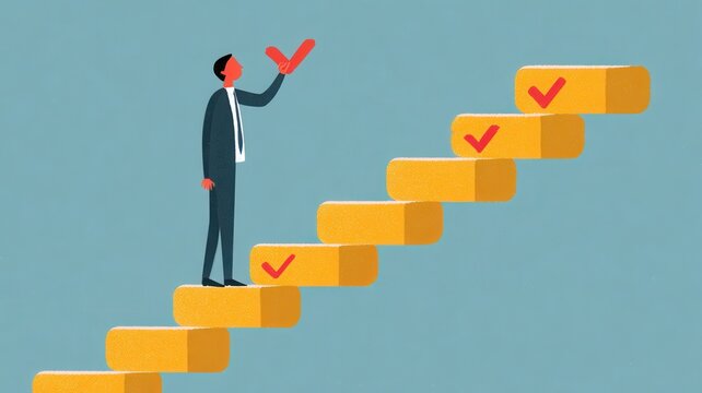 Businessman stepping up a checklist staircase, marking completed tasks and in progress achieving goals