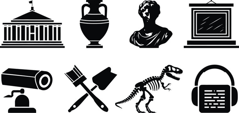 Museum, Art Gallery, and Archaeology Silhouette Icon Set Vector