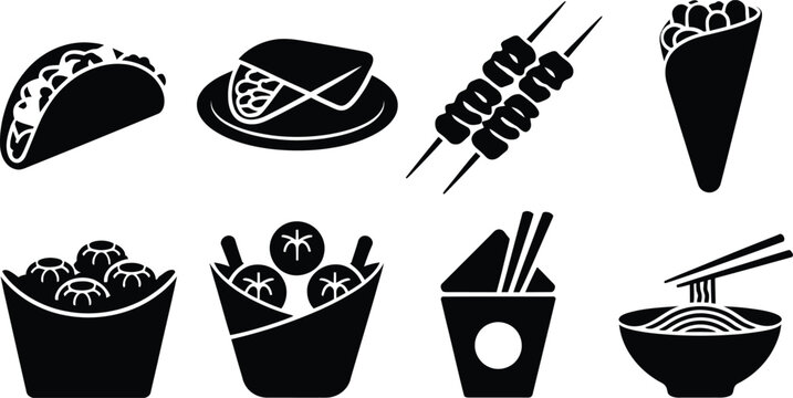Street Food and Fast Food Black Silhouette Icon Set Vector