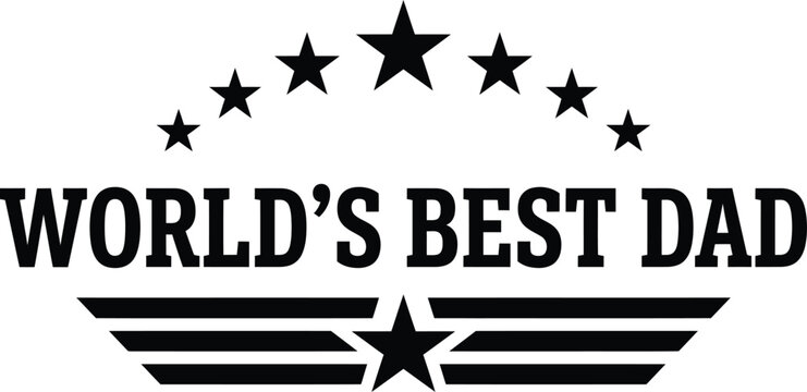 Black graphic illustration of worlds best dad with stars and wings on white background