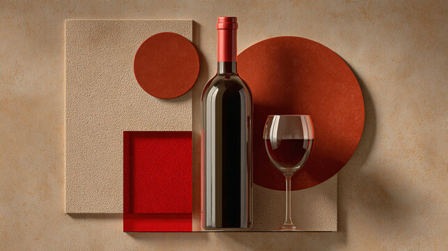 Red wine bottle and glass composition with geometric shapes on textured background Minimalist still life photography for luxury branding, restaurant menu, or winery advertisement Elegant, modern, aest